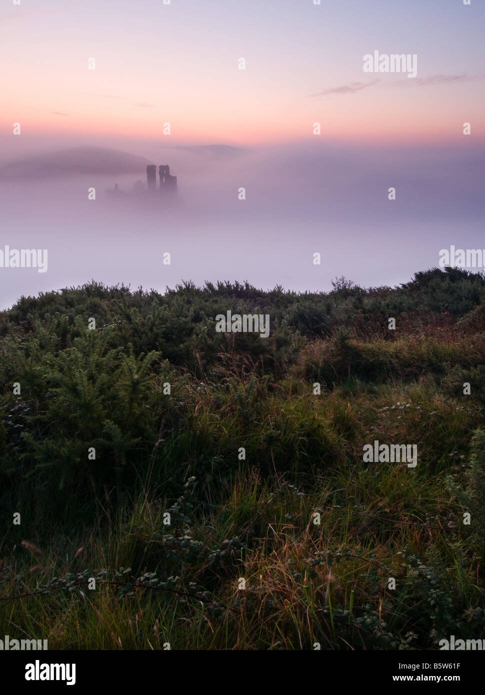 Corfe Castle shrouded in early morning mist Purbeck Dorset South West England UK Castle Stock Photo