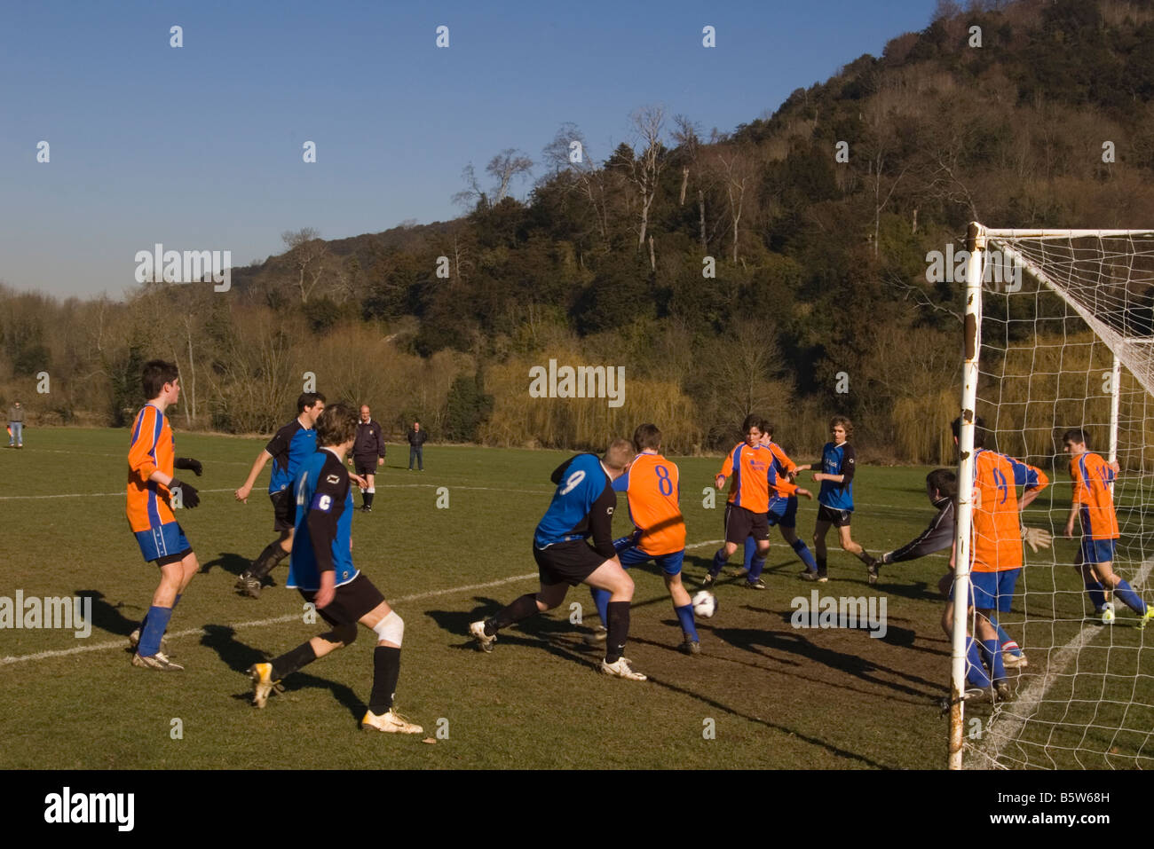 Amateur "sunday league" Football Match Goalmouth Scramble Stock Photo