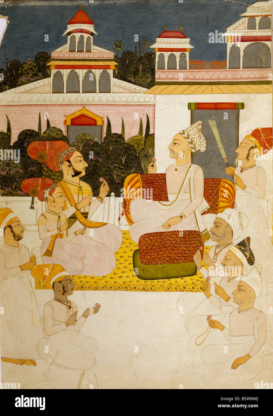 Purohit Sri Kishanji with princes and courtiers.Artist Akhaji. Jodhpur 1782. National Museum of New Delhi India Stock Photo