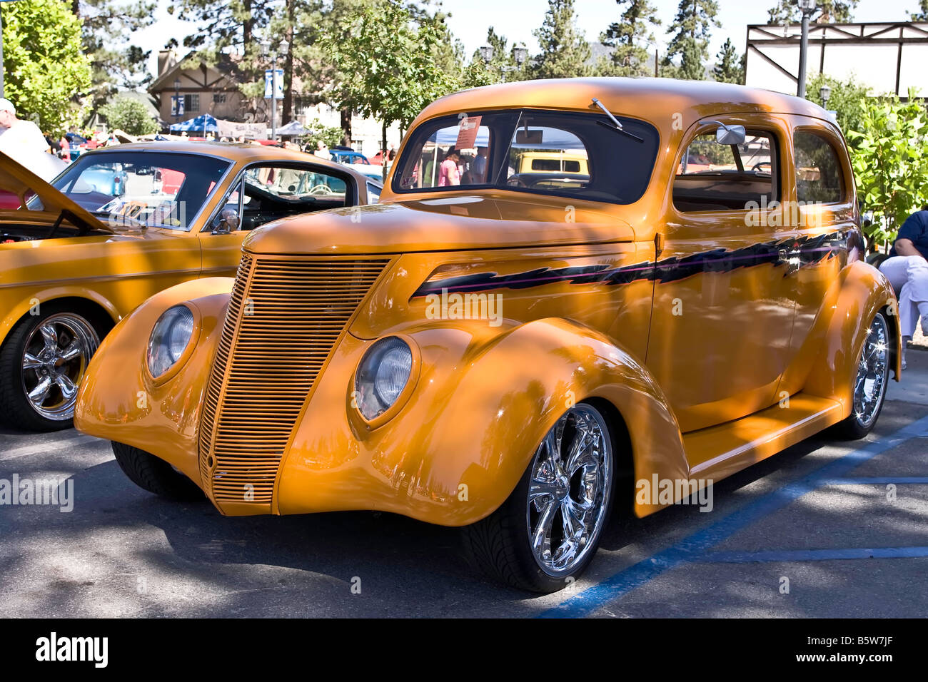 Yellow two door hot rod coupe Stock Photo Alamy