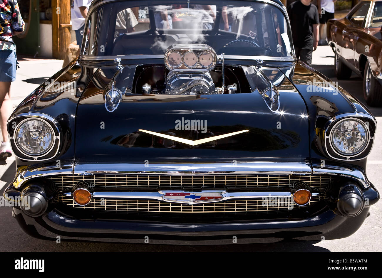 Black 1957 supercharged Chevrolet coupe Stock Photo