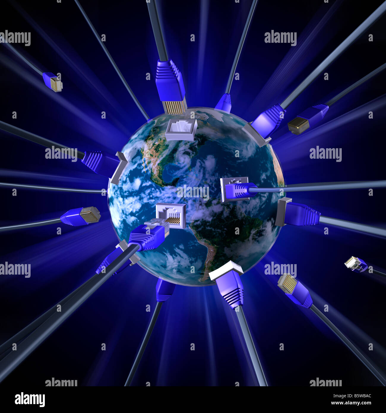 Network cables plugging into the Earth Stock Photo