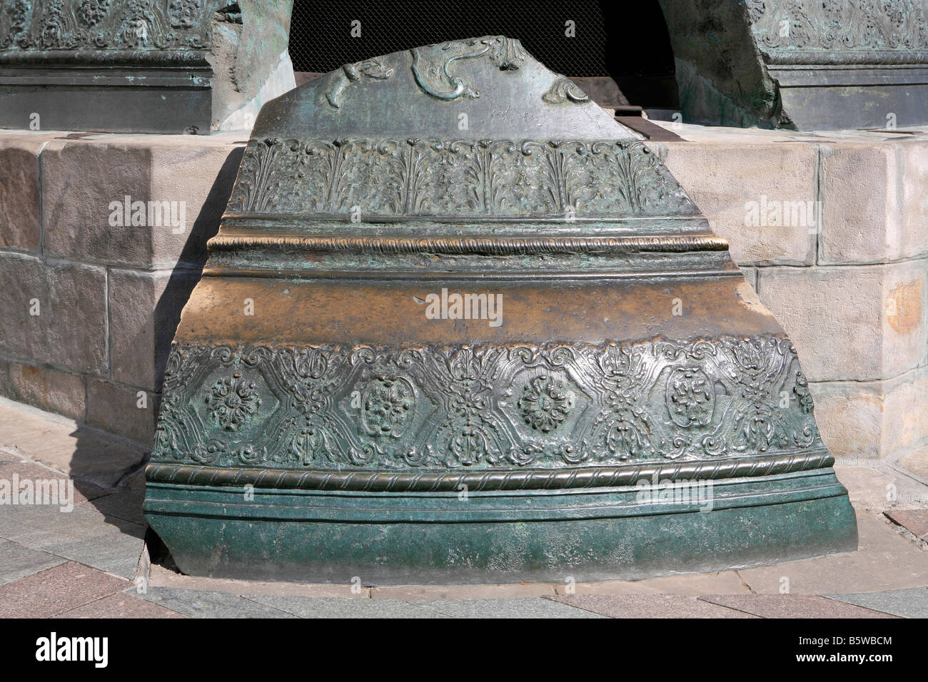 Detail of the cracked off slab of the Czar Bell (1733-1735) at the Kremlin in Moscow, Russia Stock Photo