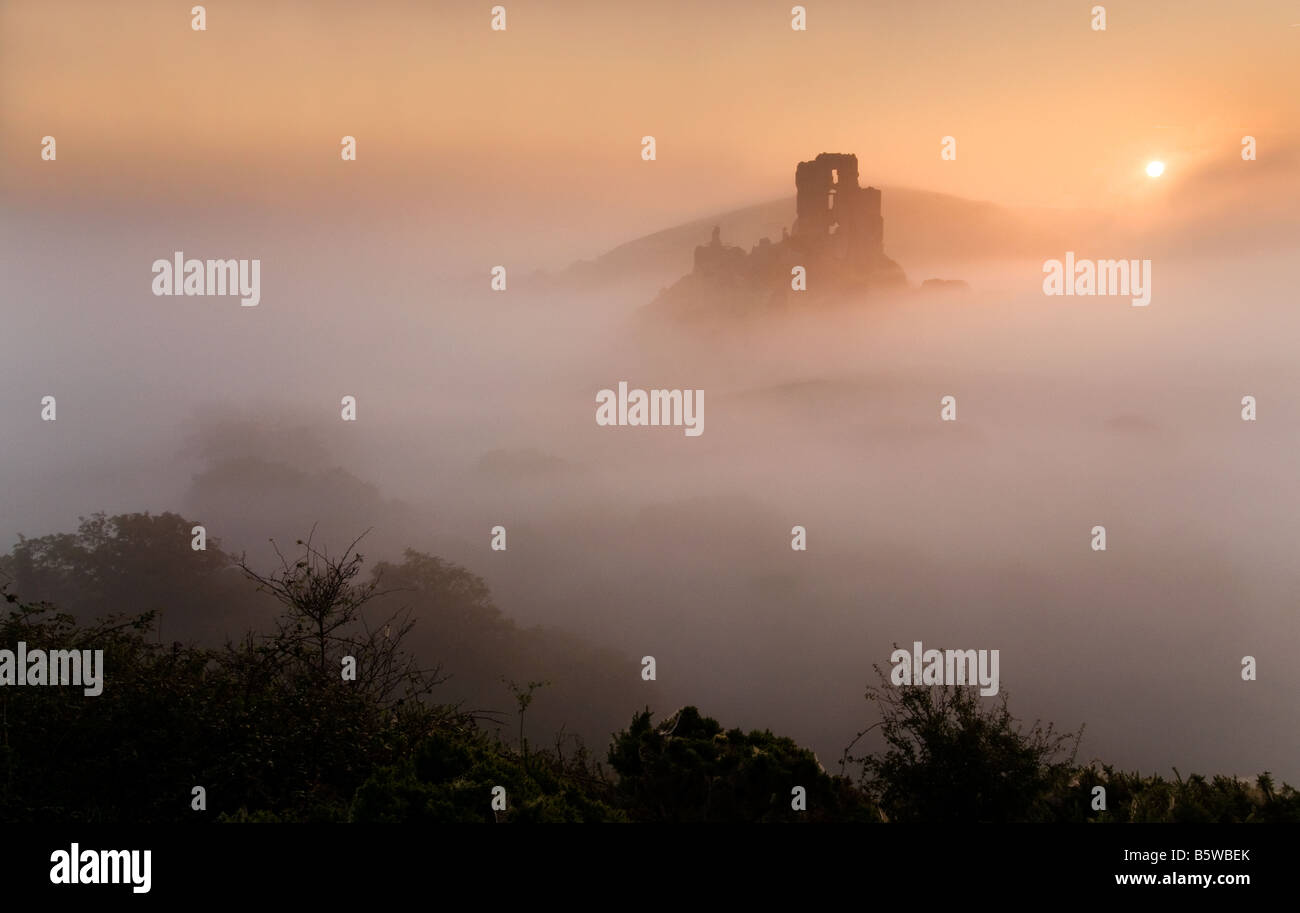 Corfe Castle shrouded in early morning mist Purbeck Dorset South West England UK Castle Stock Photo