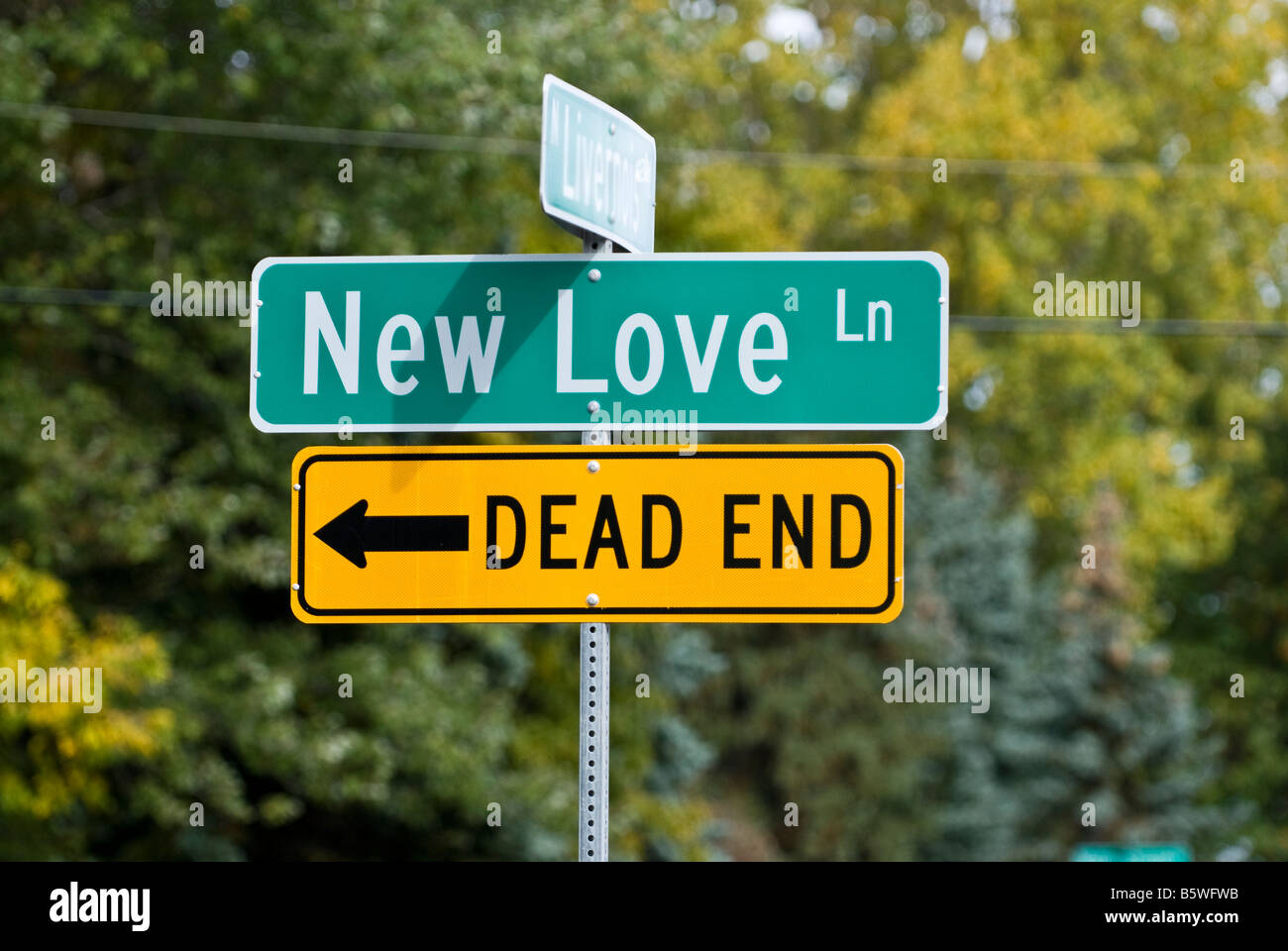 New Love sign with Dead end sign below arrow pointed left A funny wedding or engagement card Stock Photo