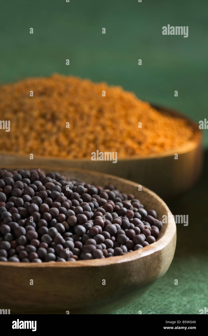 Black and yellow mustard seeds in ladles Stock Photo Alamy