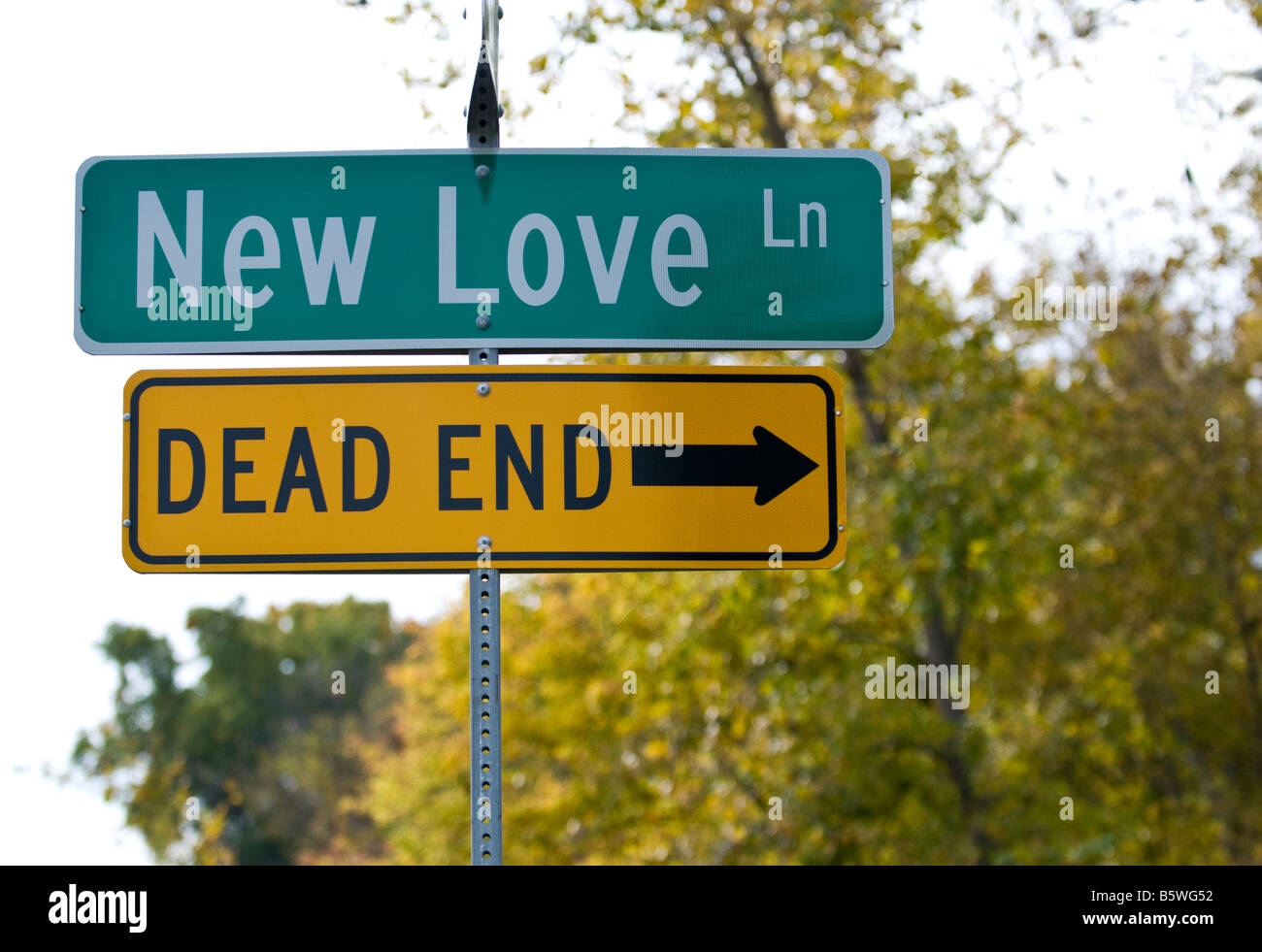 New Love sign with Dead end sign below arrow pointed right A funny wedding or engagement card Stock Photo