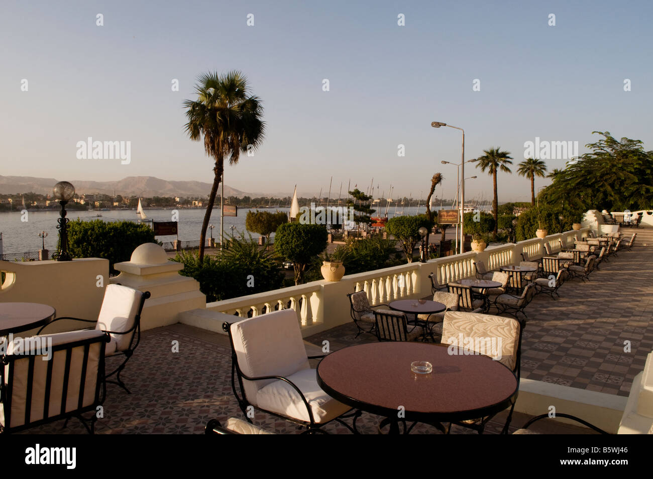 View of the Nile river from the terrace of the Colonial-style Sofitel Winter Palace Hotel built in19th century in the city of Luxor Southern Egypt Stock Photo