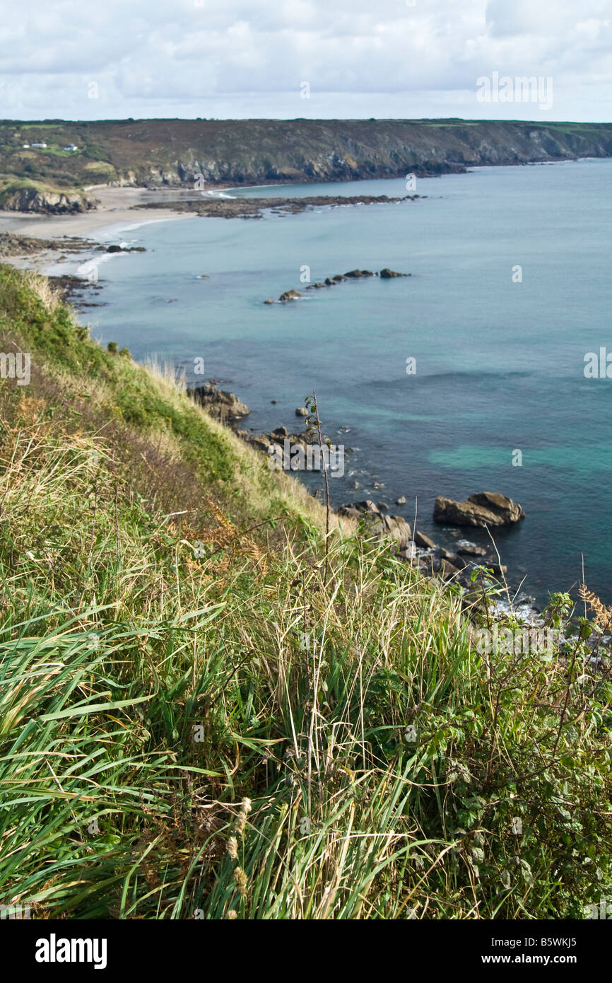 View from the coastpath looking towards Kennack Sands, Cornwall, UK. Stock Photo