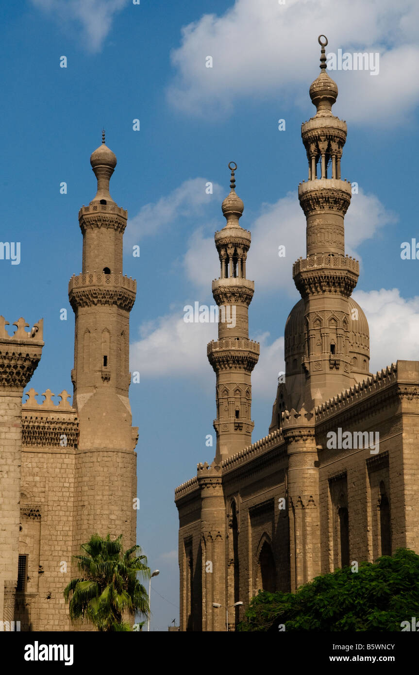 Minarets of Al Rifa'i Mosque (right) and Mosque Madrassa of Sultan Hassan located in Cairo Egypt Stock Photo