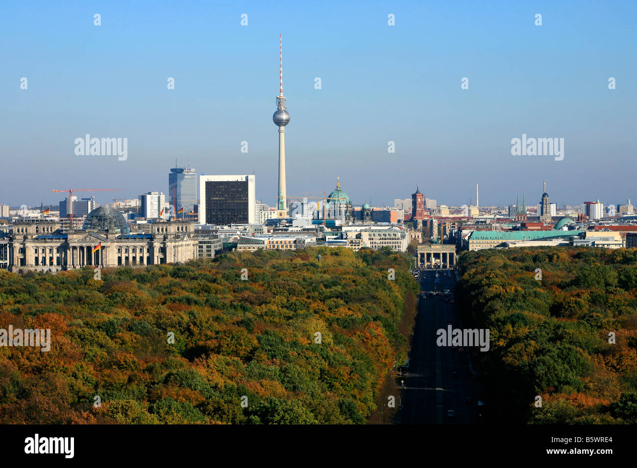Panoramic view from the Victory Column at the Brandenburg Gate, Reichstag and other landmarks in Berlin, Germany Stock Photo
