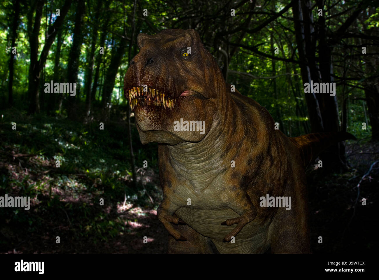 Tyrannosaurus rex (T Rex) dinosaur superimposed in a dark forest environment Stock Photo