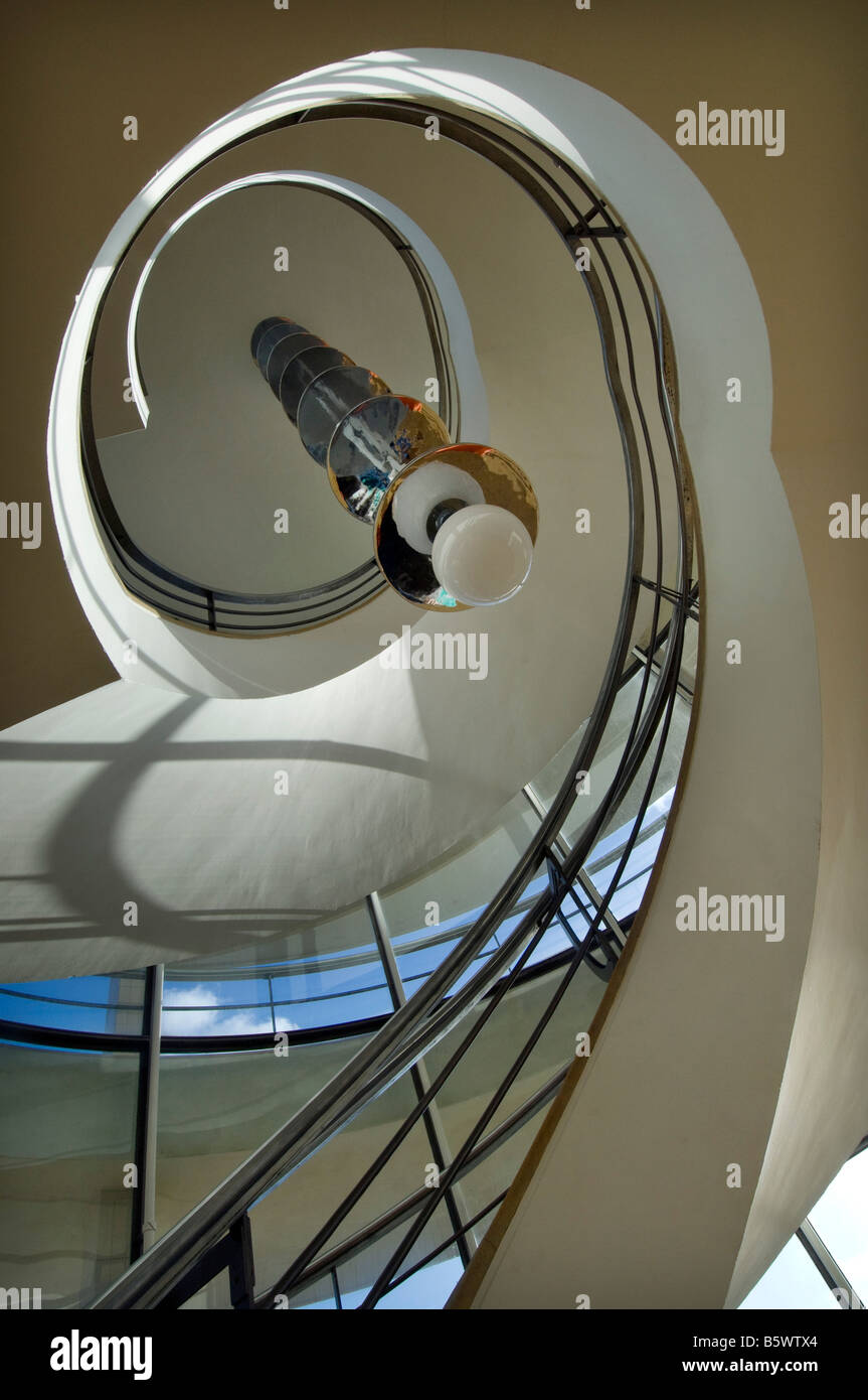 The modernist spiral staircase at the Art Deco De La Warr Pavilion at Bexhill on Sea East Sussex Stock Photo
