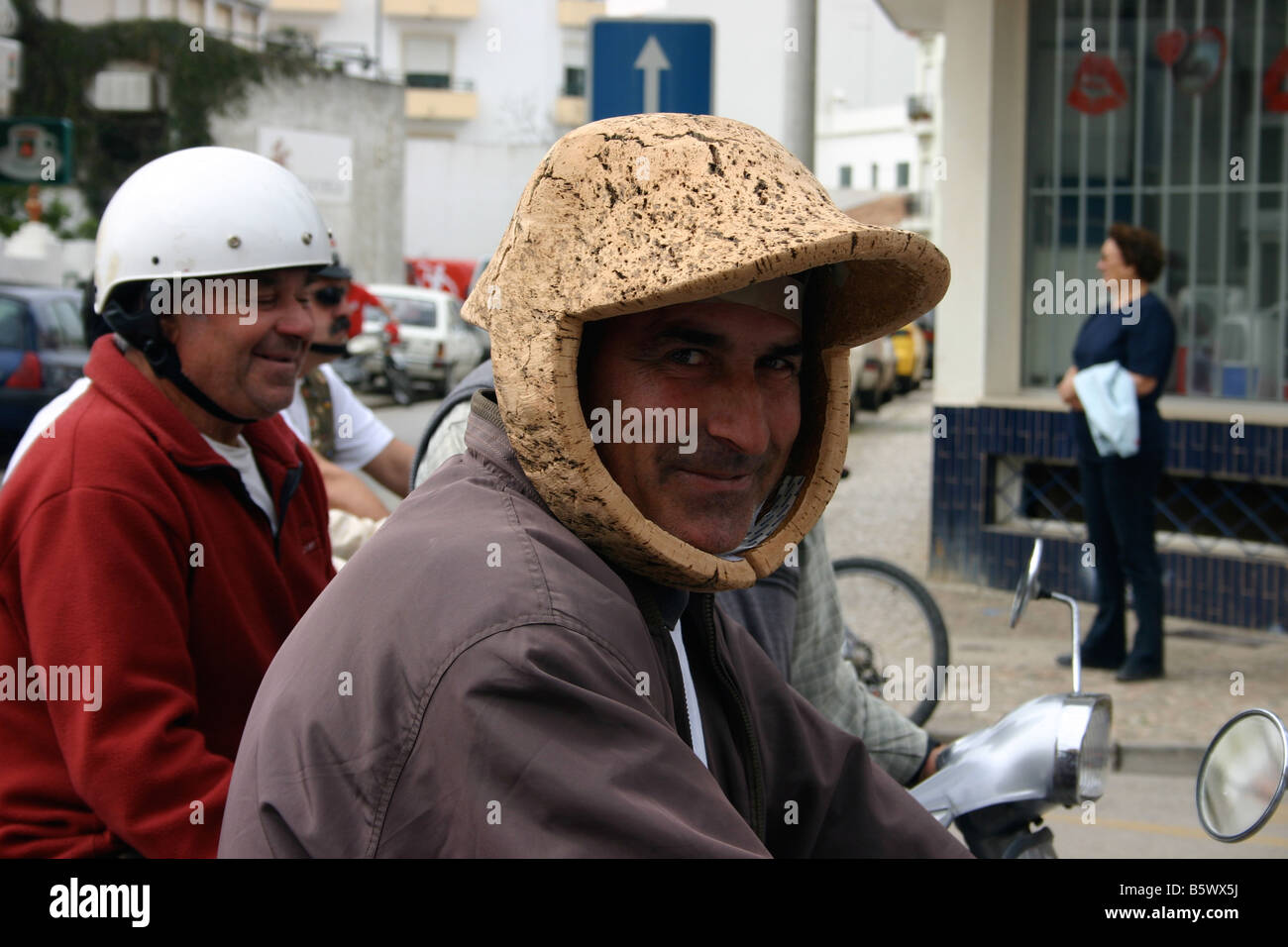 CORK HAT/HELMET MOTORBIKE RALLY ALGARVE PORTUGAL Stock Photo Alamy
