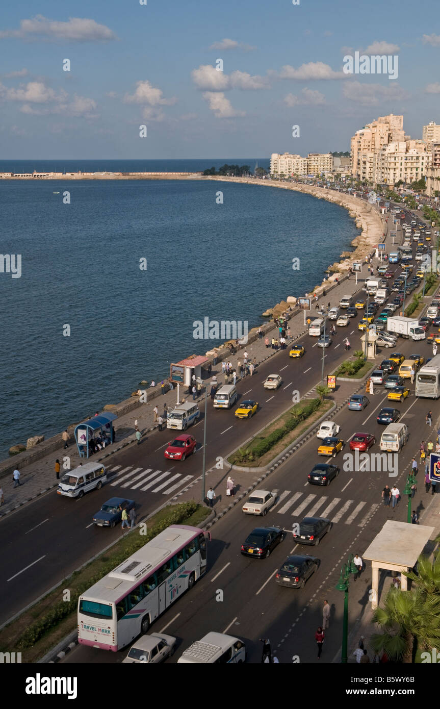 View of the waterfront promenade corniche one of the major corridors for traffic in the city of Alexandria Egypt Stock Photo