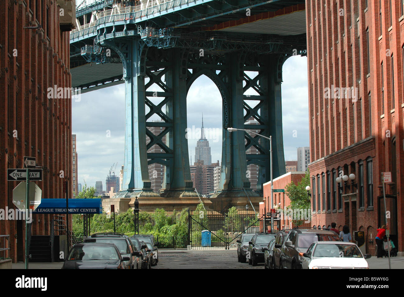 view of empire state building from viewpoint through the manhattan bridge in dumbo brooklyn Stock Photo