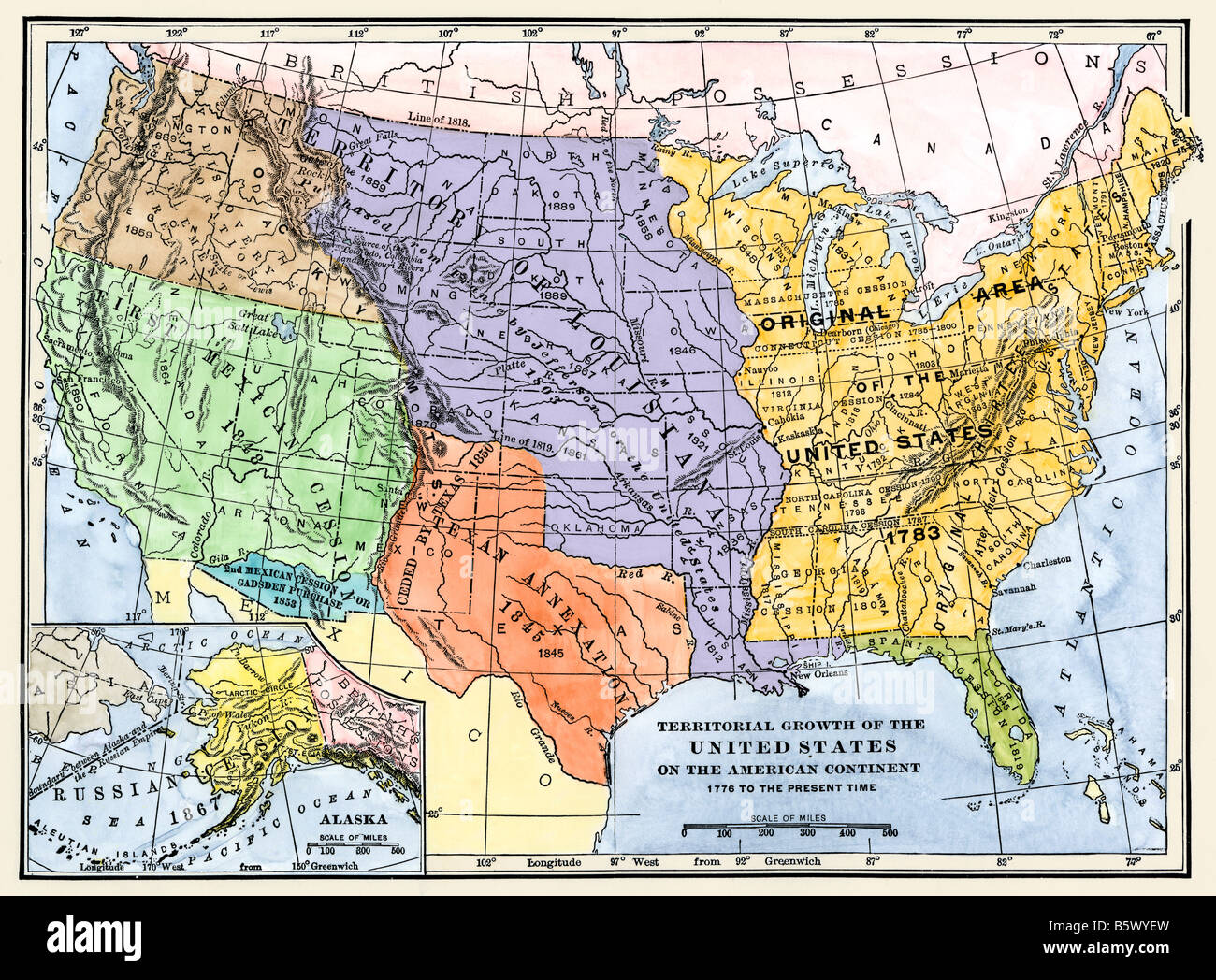 Map showing territorial growth of the continental US 1776 to 1899. Hand-colored woodcut Stock Photo