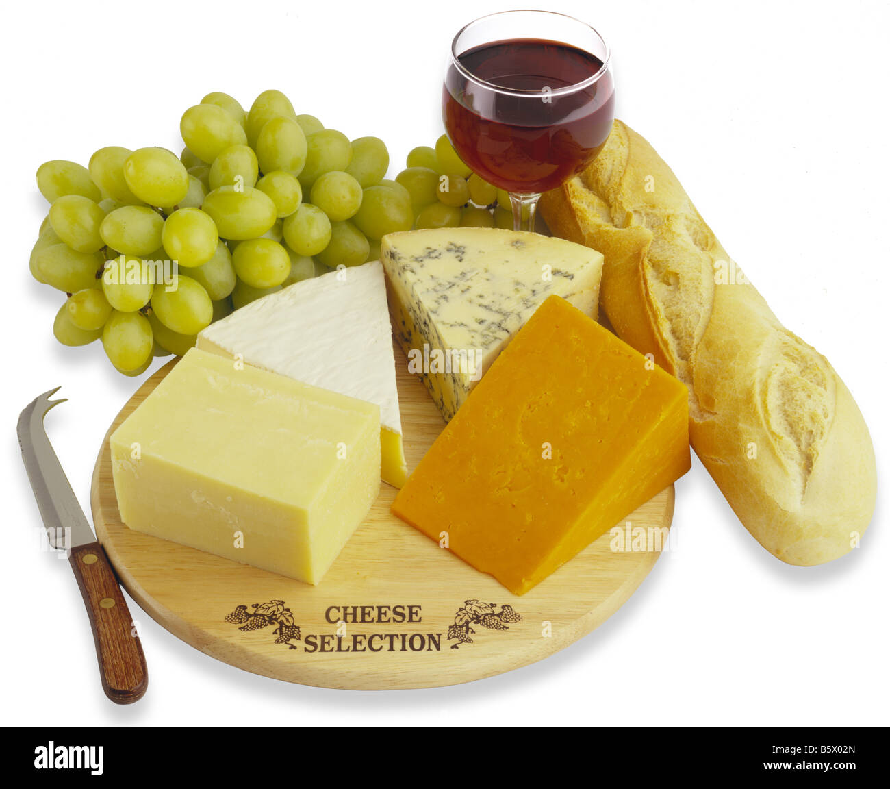 Cheese Board with Wine Grapes and Bread Stock Photo Alamy