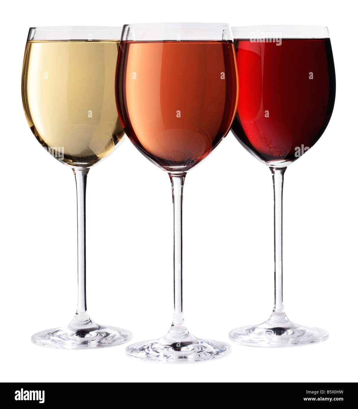 THREE GLASSES OF RED,WHITE AND ROSE WINE Stock Photo
