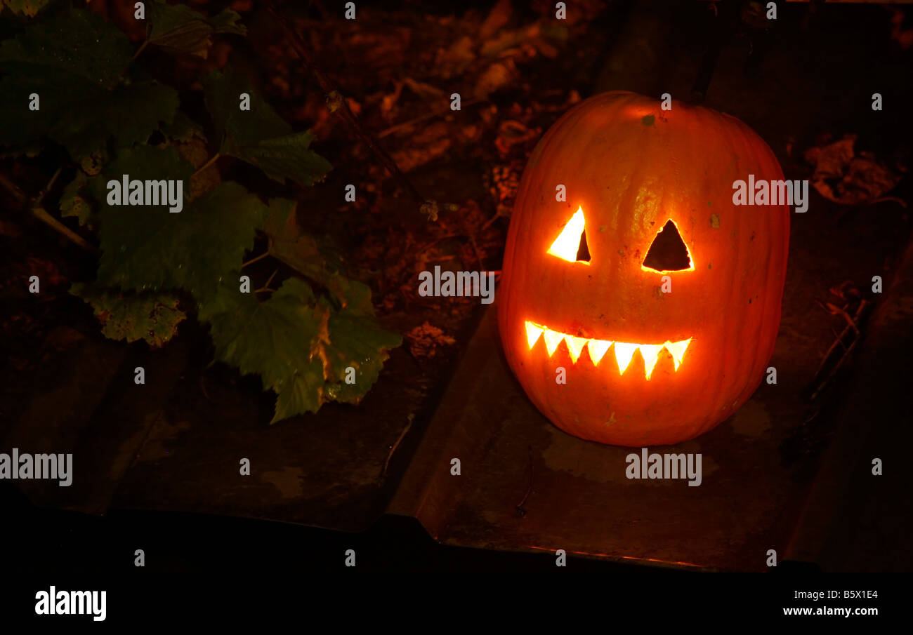 Candle lit pumpkin head during halloween at night Stock Photo Alamy