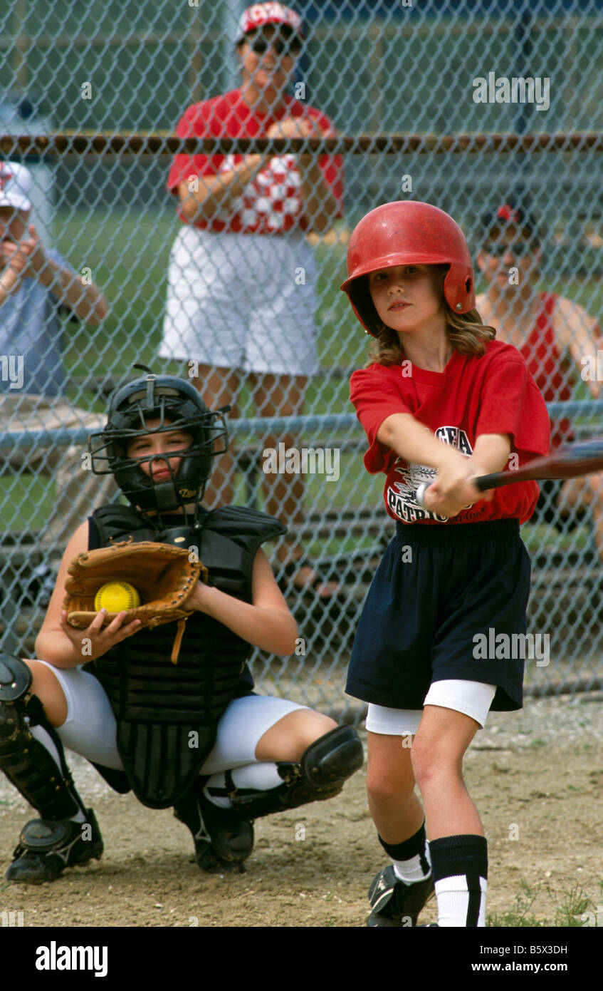 Girls Softball Game Catcher Batter Stock Photo Alamy