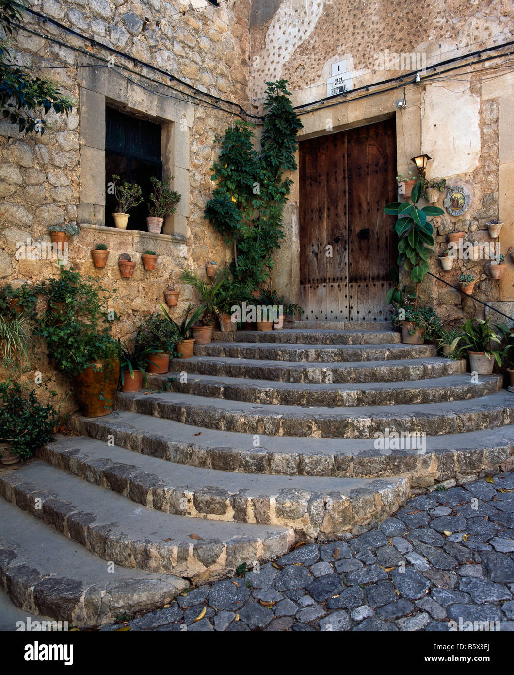 Doorway with steps at Valldemossa, Mallorca, Balearics, Spain Stock Photo