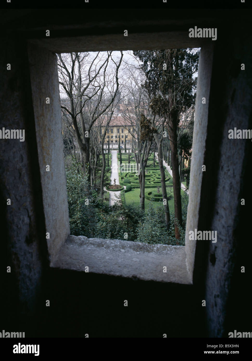 Verona, Giusti Gardens Through Window Stock Photo