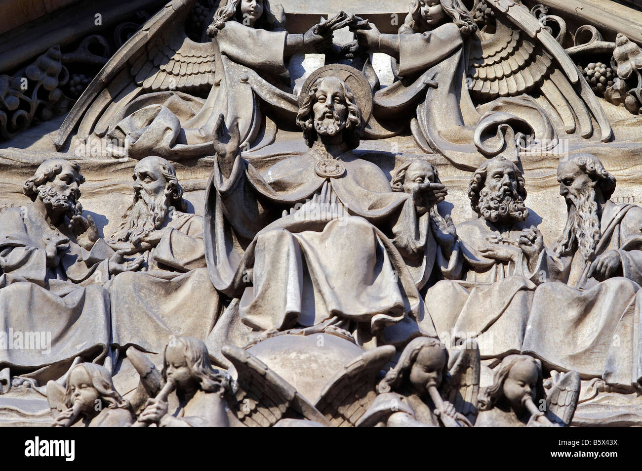 Shot of the sculptural relief - sculptural group - Last Judgement. Chapter church Saint Peter and Paul on the Vysehrad in Prague Stock Photo