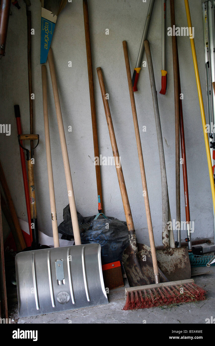 Garden tools, snow shovel, spade, broom Stock Photo