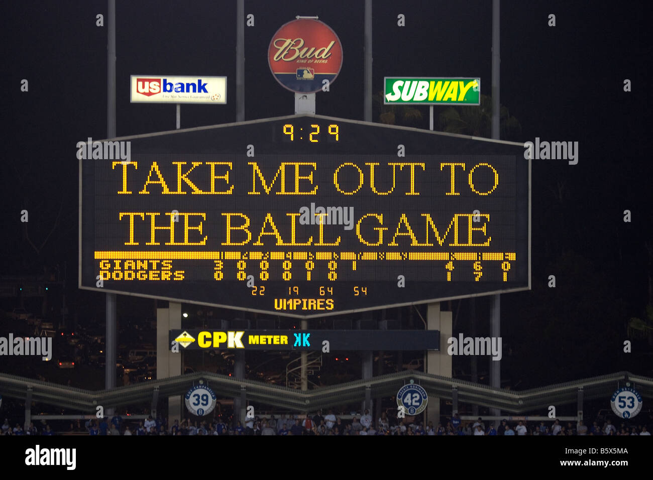 Scoreboard at Dodger Baseball Stadium with words to Take Me Out to the Ballgame Stock Photo