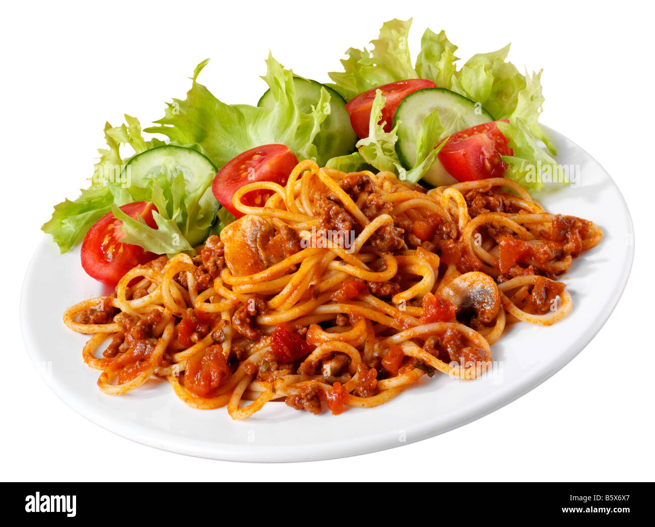 SPAGHETTI BOLOGNESE WITH SALAD Stock Photo