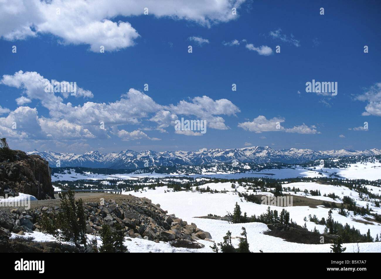 Absaroka Range mountains and Highway 212 over Beartooth Pass near Red Lodge Montana USA Stock Photo
