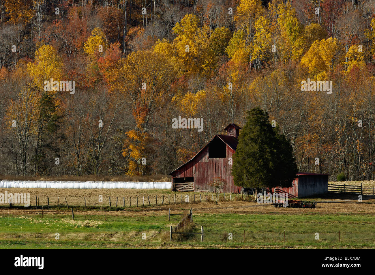 Red Barn and Autumn Hillside in Grassy Cove Cumberland County Tennessee Stock Photo