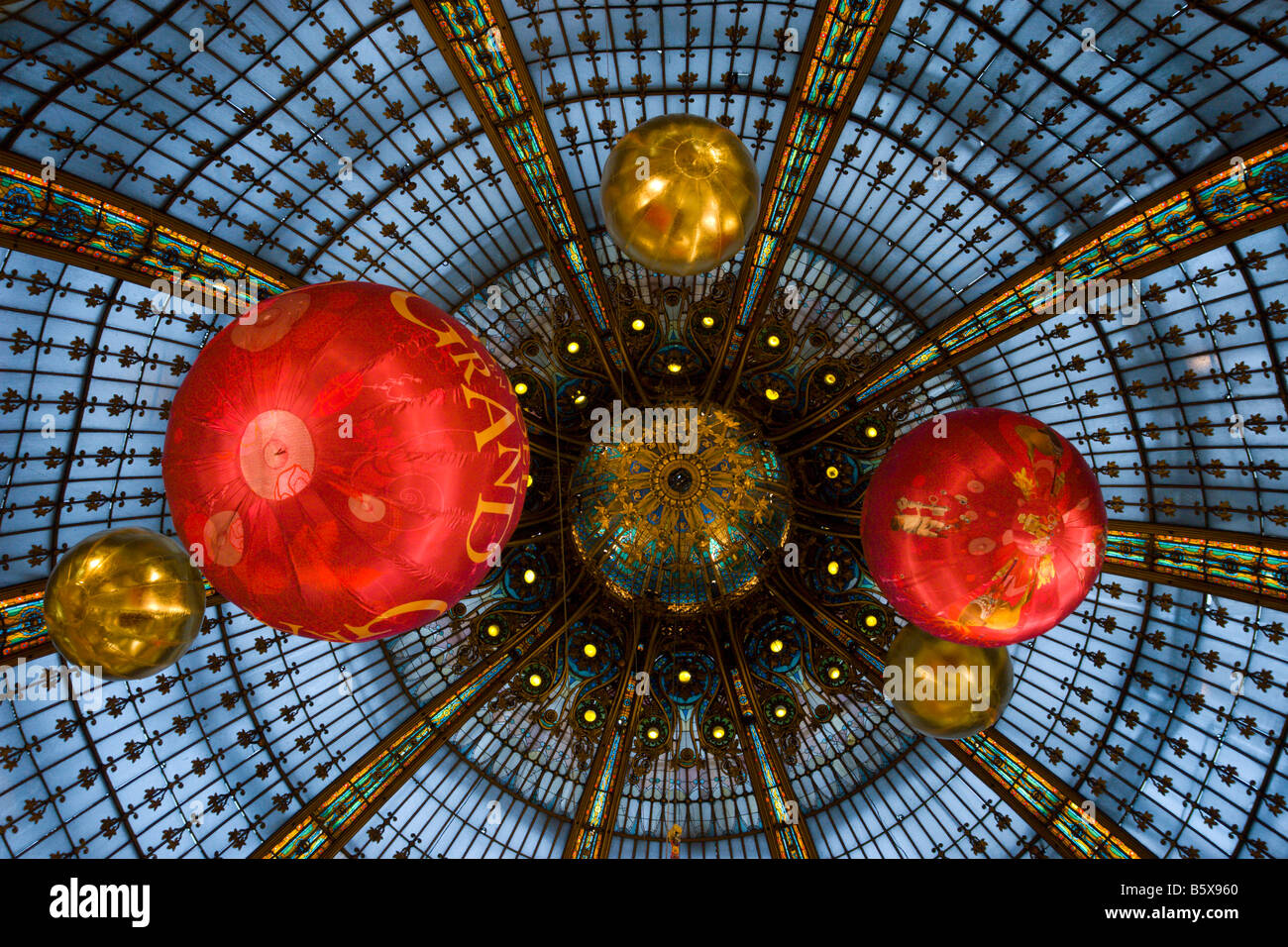 Department store Galeries Lafayette Paris France glass dome roof and Christmas decorations 2008 Stock Photo
