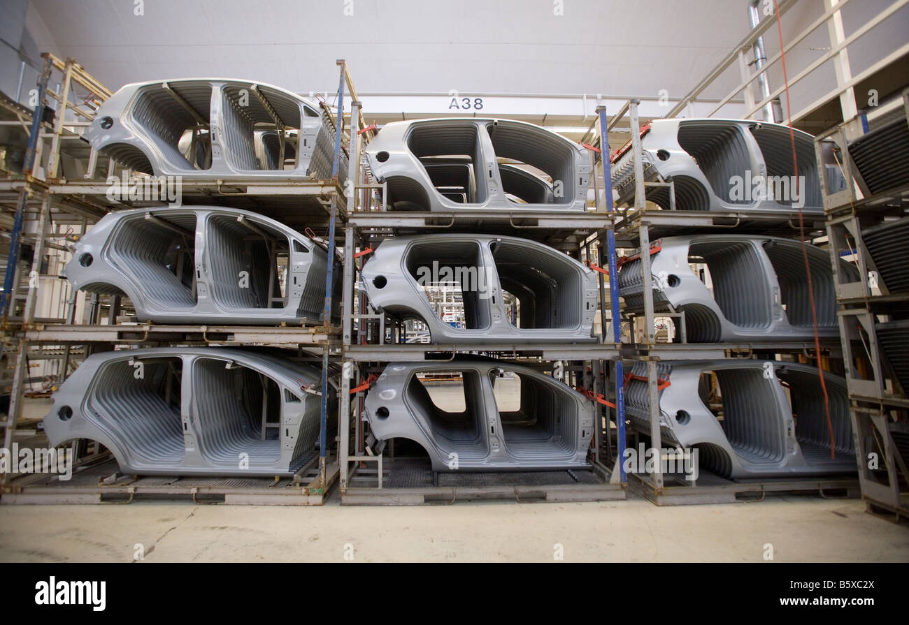 Car works of the Volkswagen AG production of the car body of the Golf VI components waiting to be processed Stock Photo