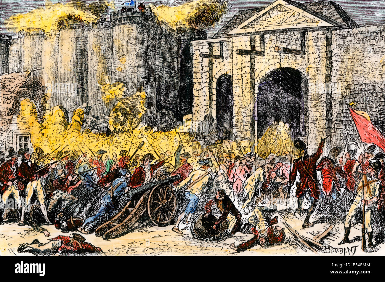 Capture of the Bastille French Revolution. Hand-colored woodcut Stock Photo