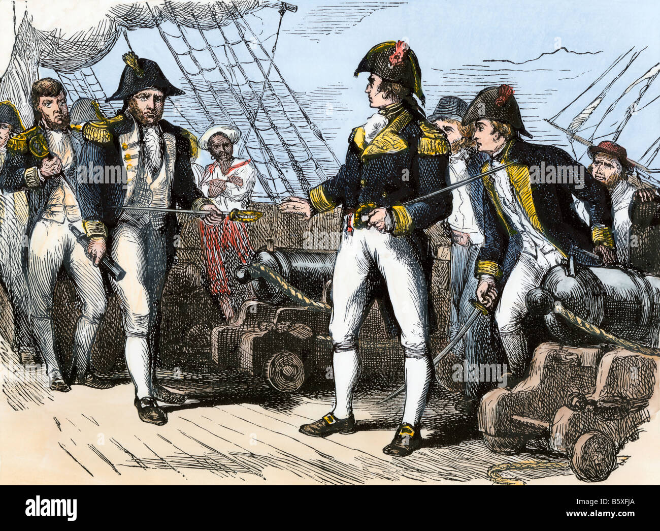Naval officers of the US frigate Chesapeake surrender to the British HMS Leopard 1807. Hand-colored woodcut Stock Photo