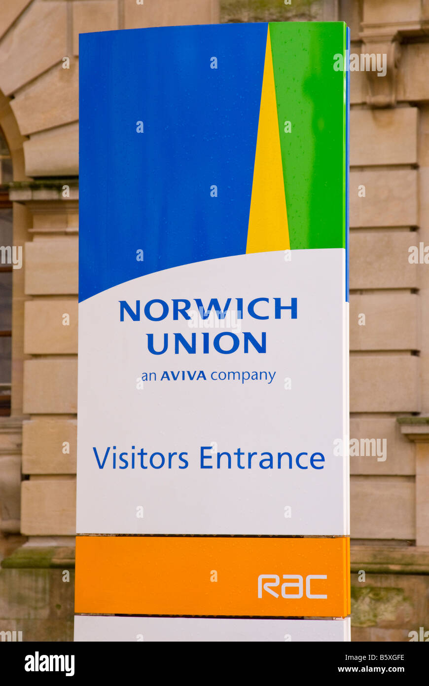 Sign at Norwich Union business premises for visitors entrance in