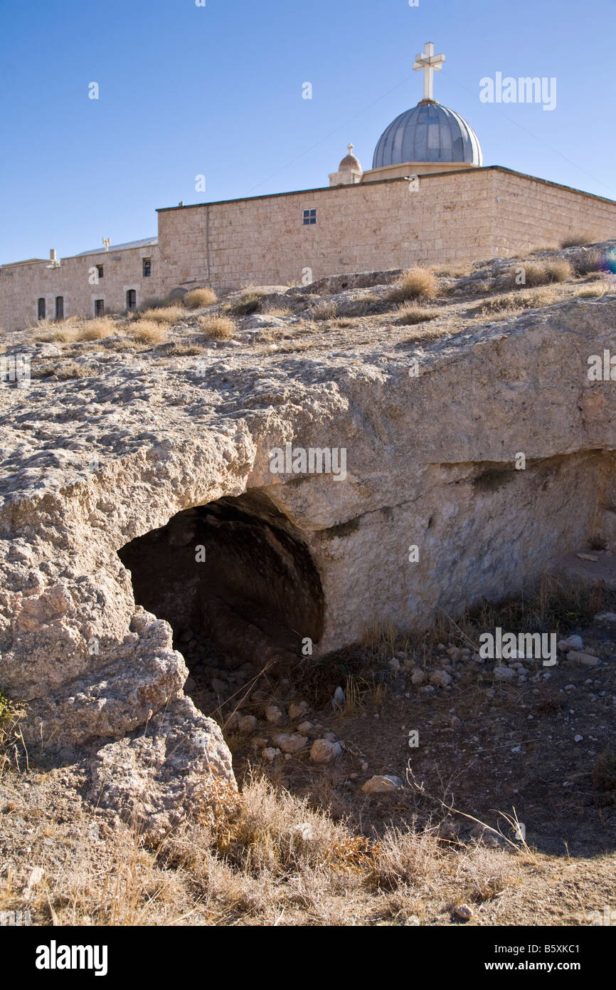 Church of Saint Serge and Saint Bacchus with cave dwelling in fo. Maalula, Rif-dimashq, Syria. Stock Photo