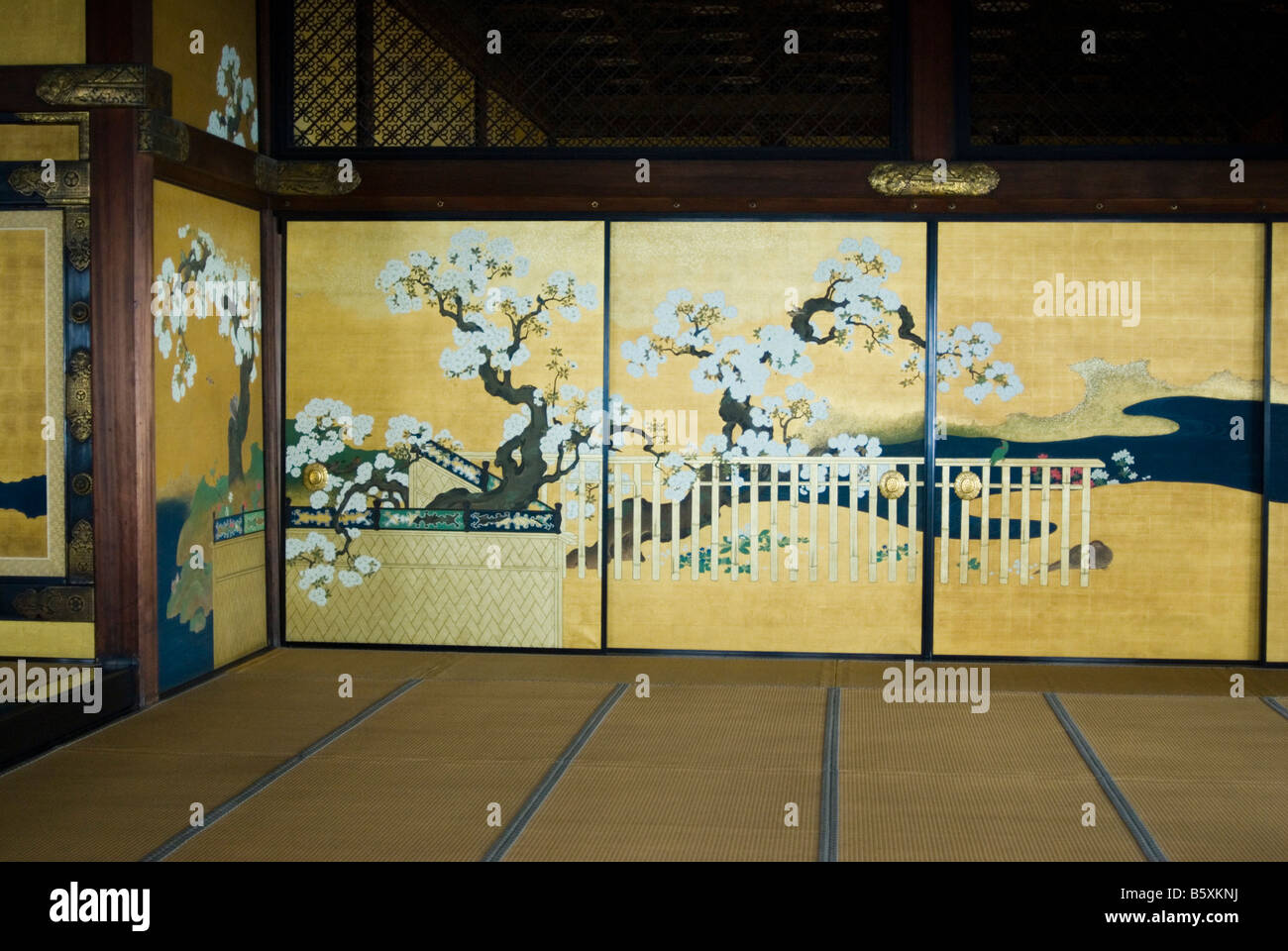 Paintings on sliding door Ninomaru Palace in Nijo Castle KYOTO Japan Stock Photo