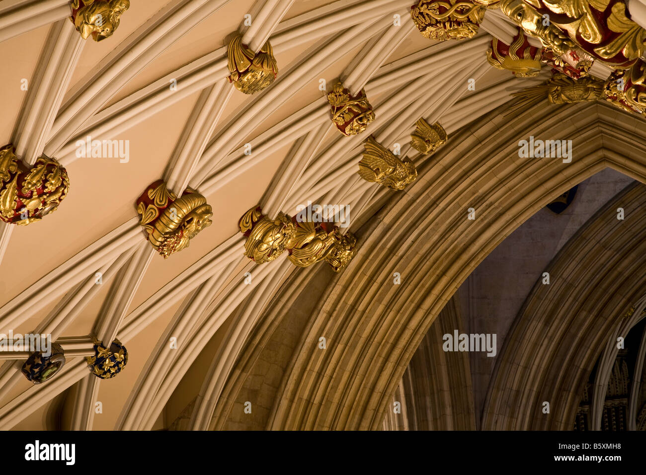 The restored South Transept roof of York Minster, York, England, showing the Gilded wooden headstones. Stock Photo