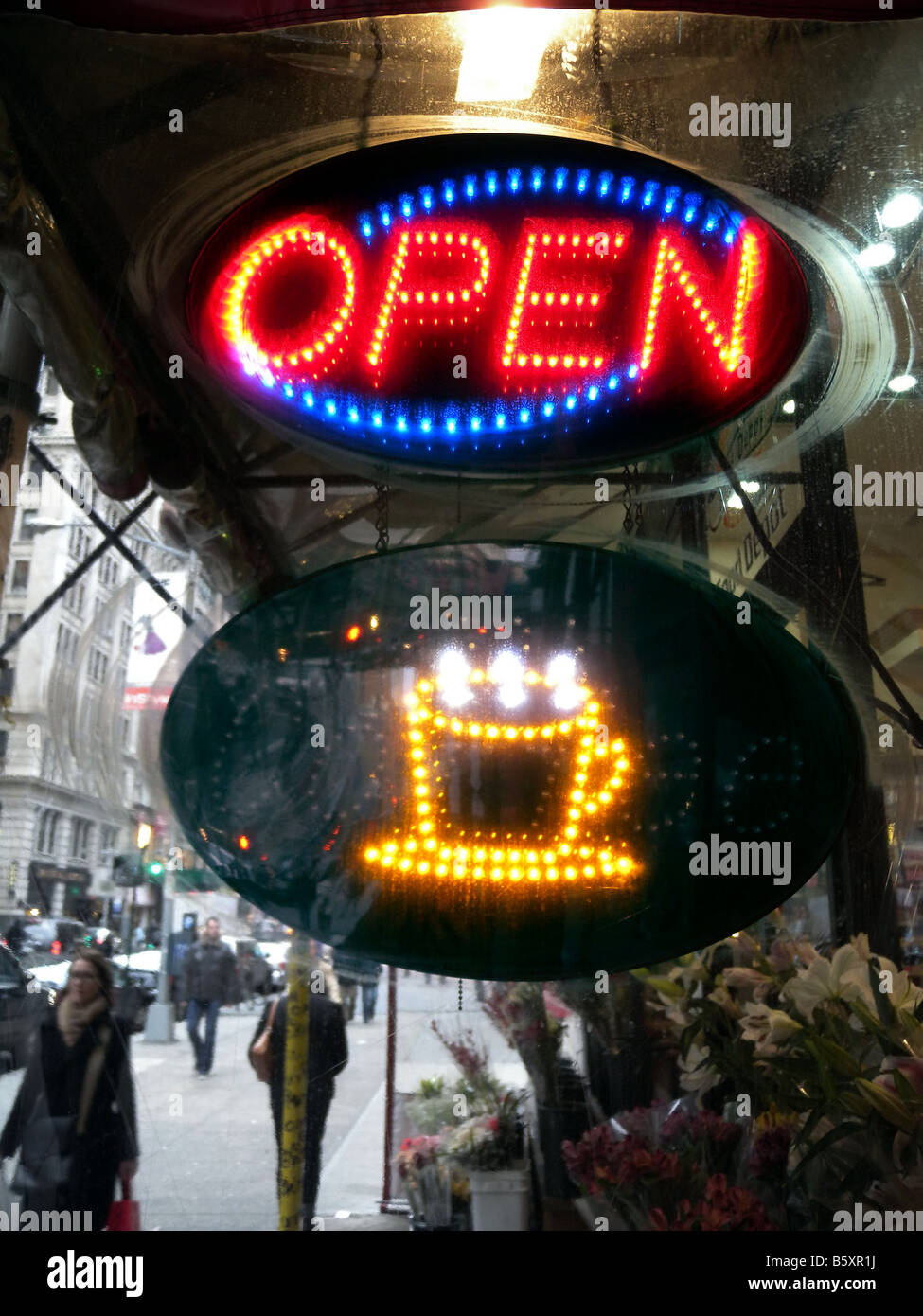 Neon sign advertising fresh coffee at a delicatessen in New York on Sunday November 16 2008 Richard B Levine Stock Photo