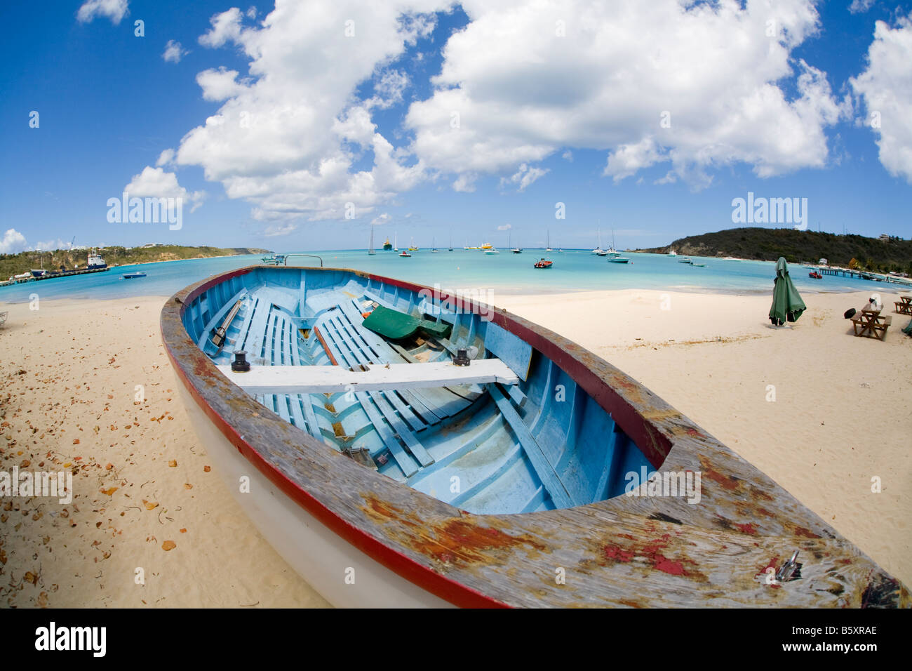 Road Bay harbor in the Sandy Ground area on the caribbean island of Anguilla in the British West Indies Stock Photo