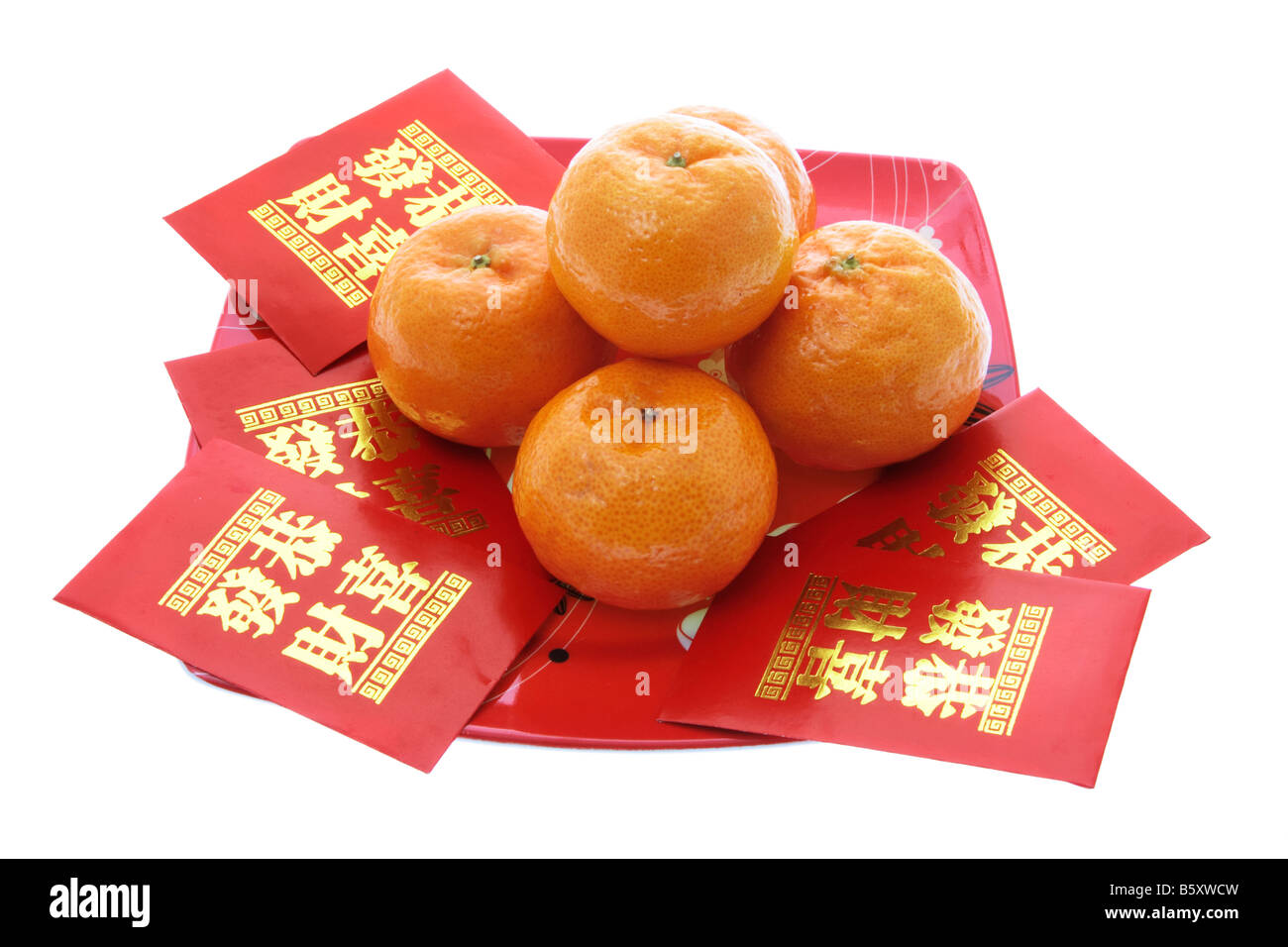 Mandarins and Red Packets Stock Photo Alamy