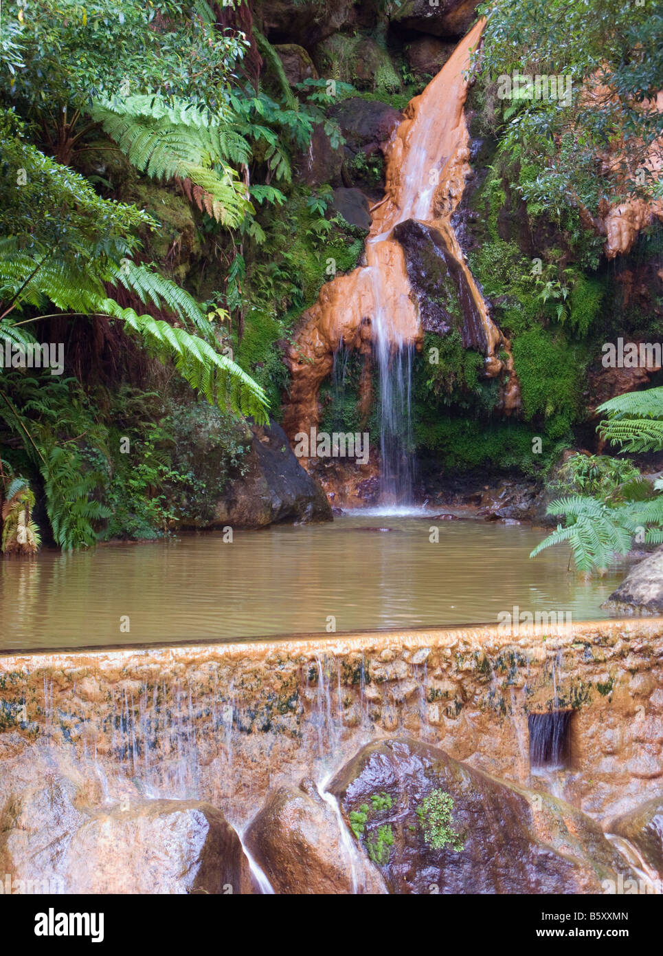 The warm waterfall at Caldeira Velha, Sao Miguel, Azores, Portugal. The naturally heated water is 32 C. Stock Photo
