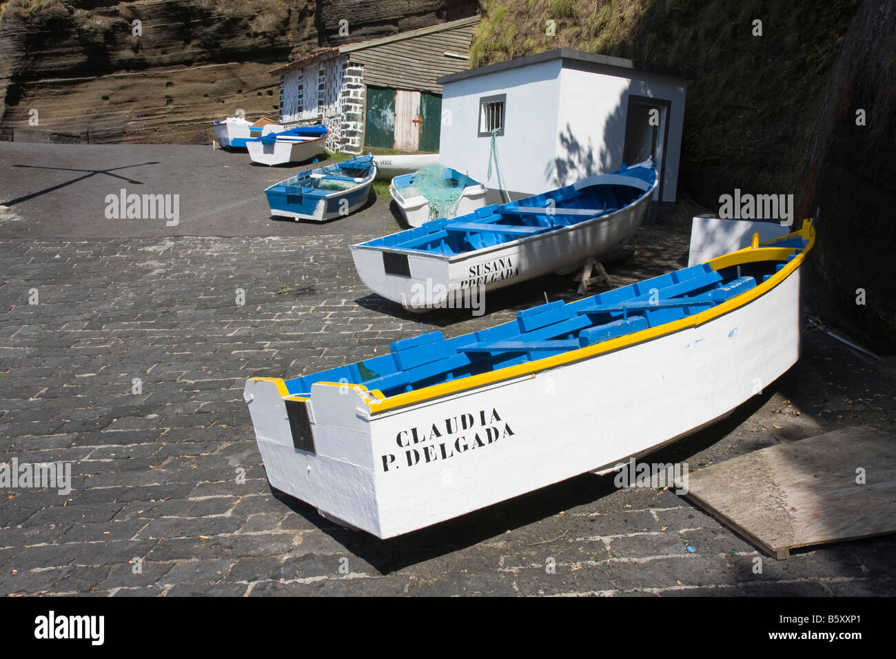 Fishing boats at the small fishing harbour porto de pesca Capelas São Miguel Azores Stock Photo