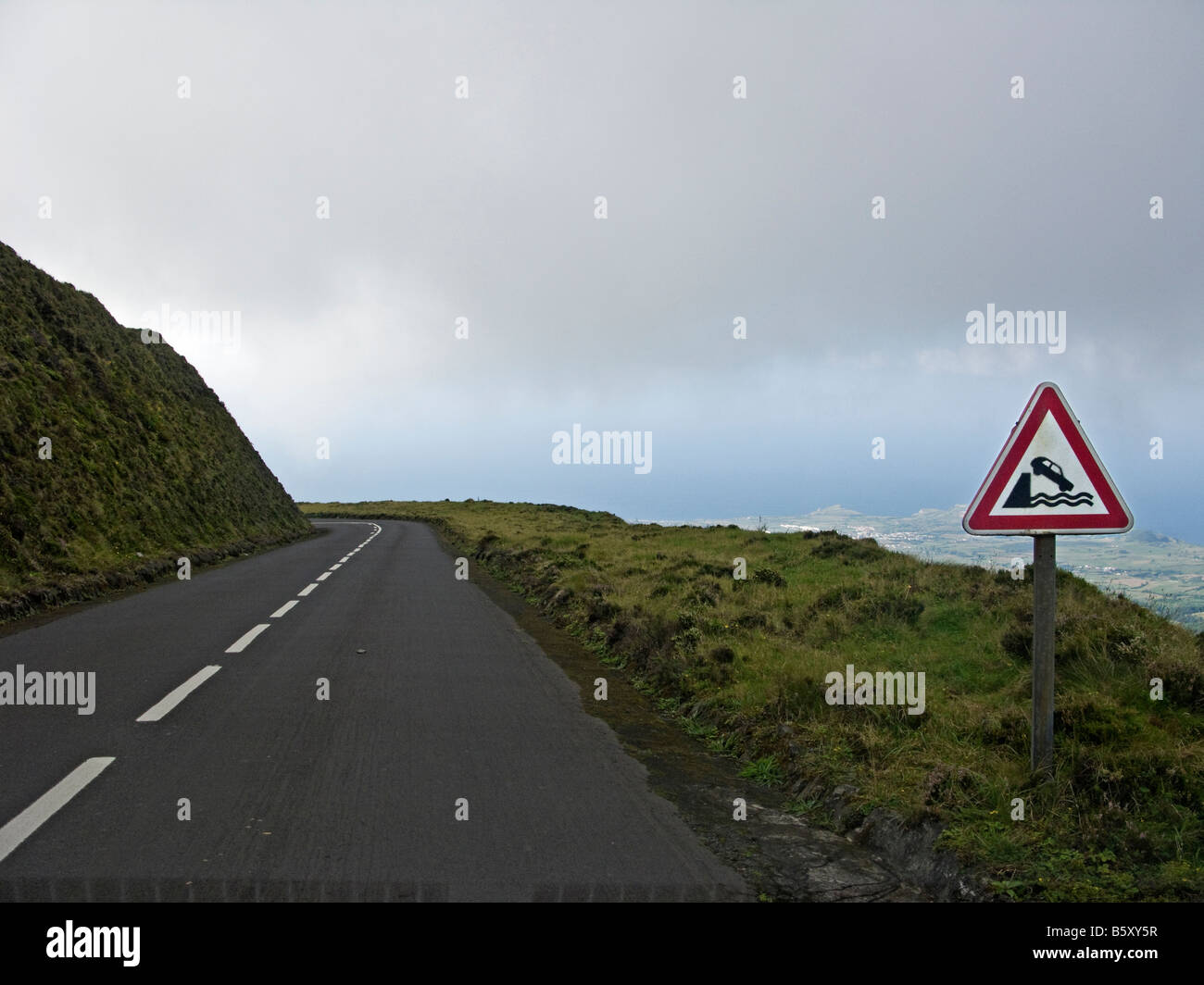 Warning sign at a road near the Fire lake - Lagoa do Fogo, São Miguel, Azores, Portugal Stock Photo