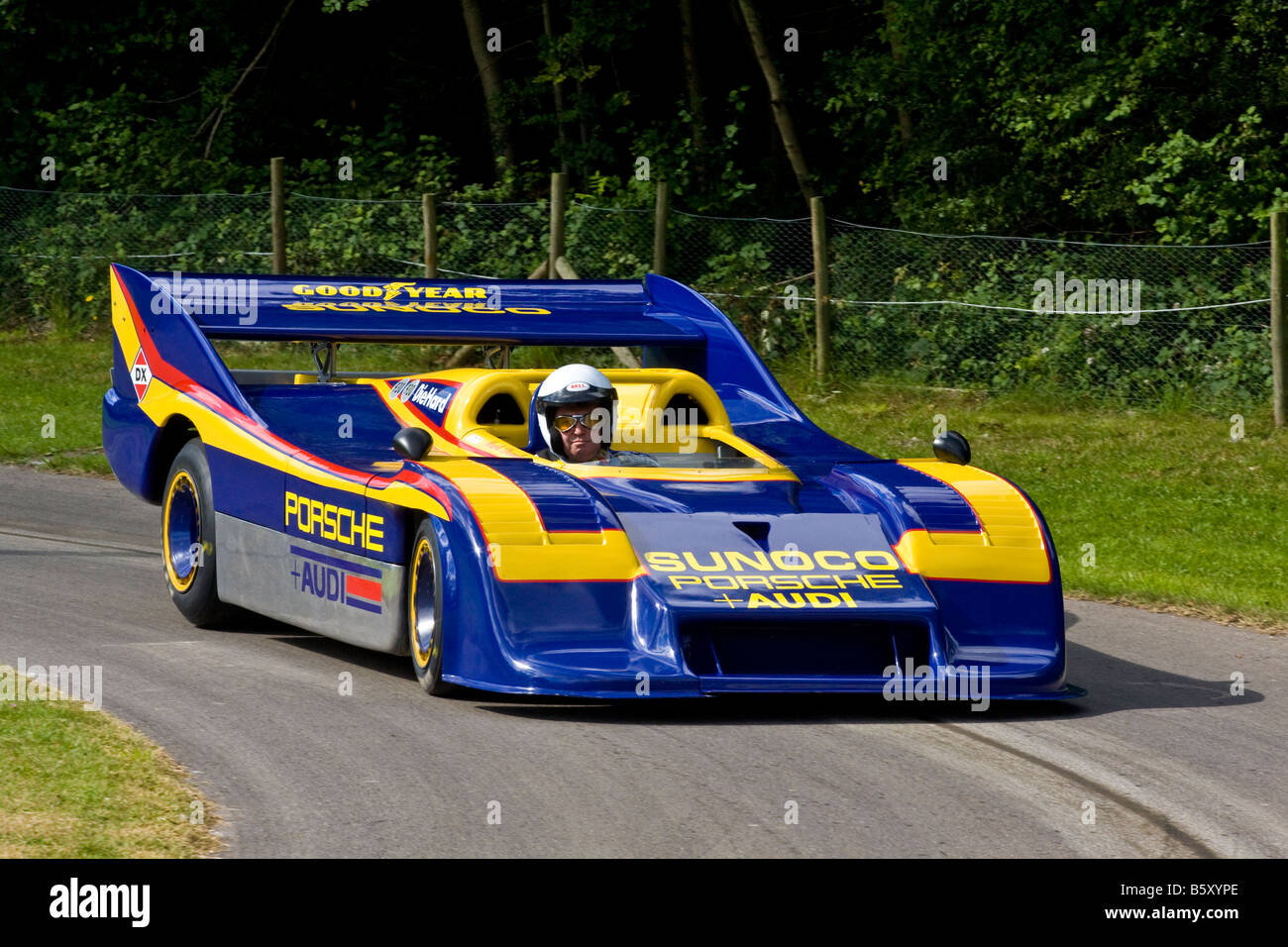 1973 Porsche 917/30 CanAm racer with driver Jochen Mass at Goodwood Festival of Speed, Sussex, UK. Stock Photo