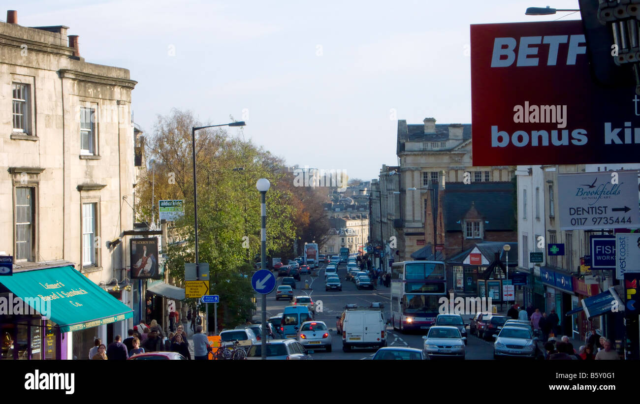 Whiteladies Rd, Clifton, Bristol, UK. busy shopping road with traffic