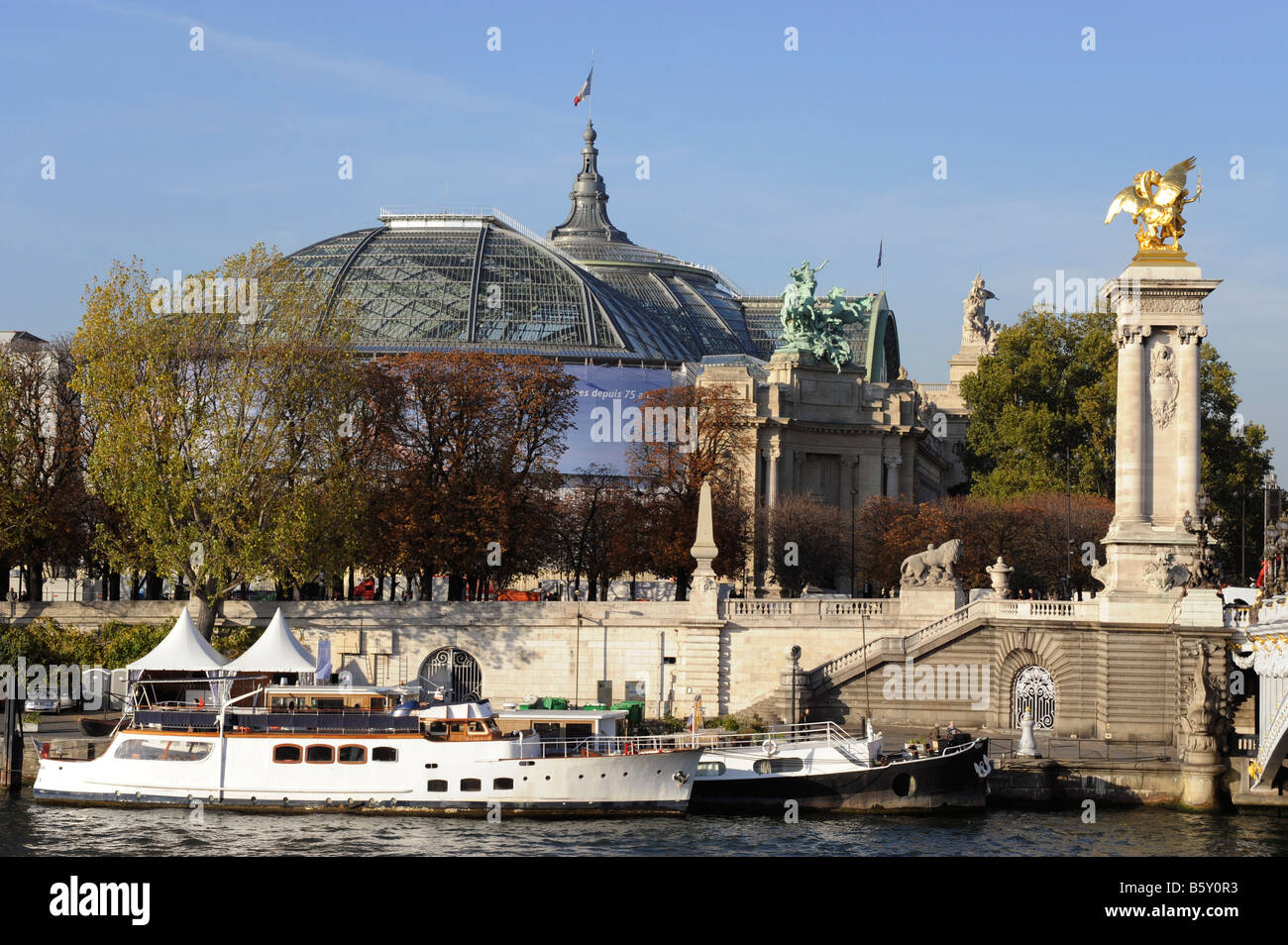 Grand Palais and Alexandre III bridge Seine river Paris France Stock Photo